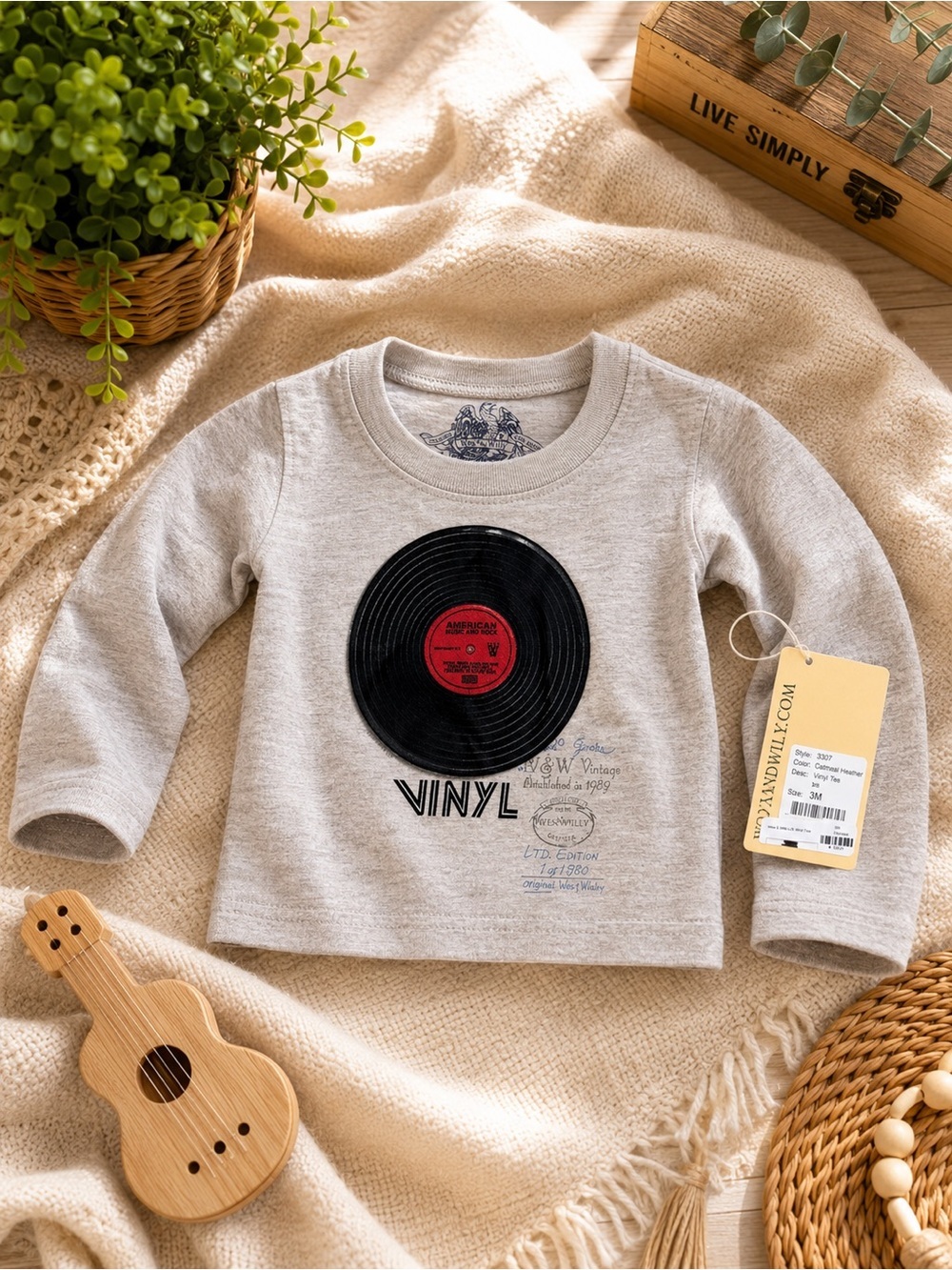 Wes & Willy Baby Vinyl Record Tee Oatmeal Heather Long Sleeve 3M NWT